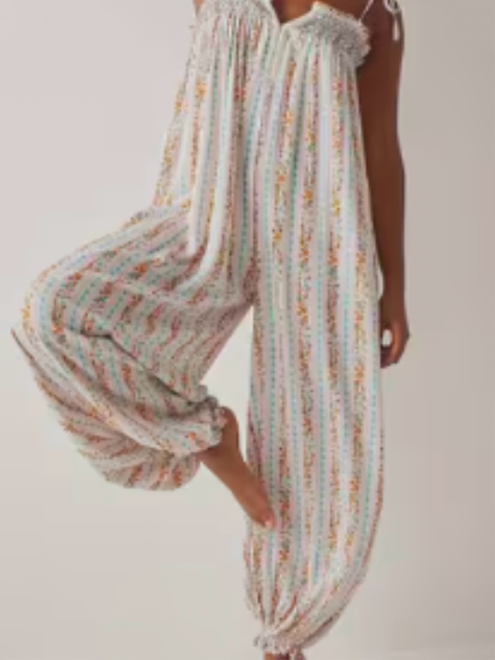 Women’s White Floral Striped Harem Jumpsuit